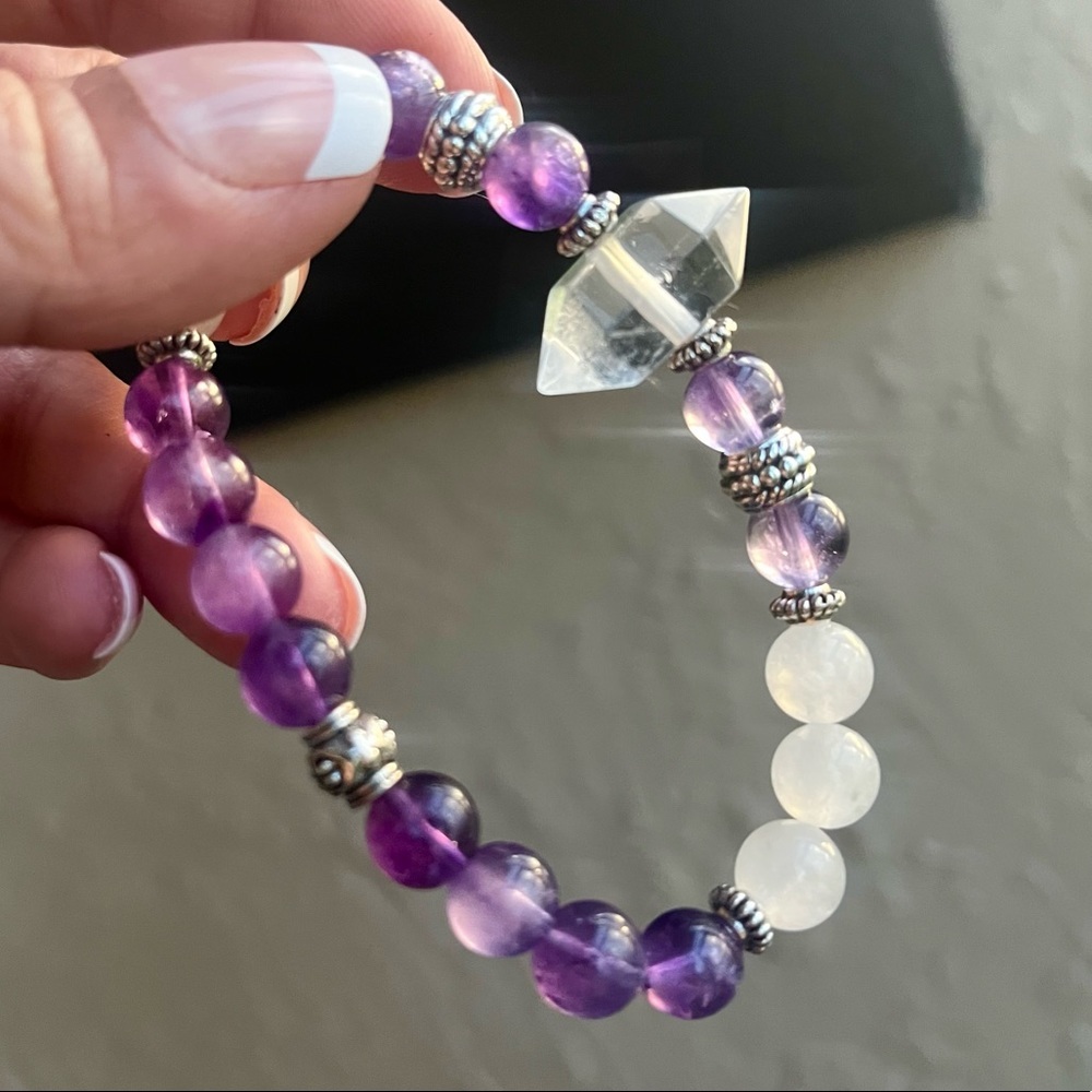 Double point crystal quartz crystal with amethyst & white agate gemstones beads - Picture 10 of 16